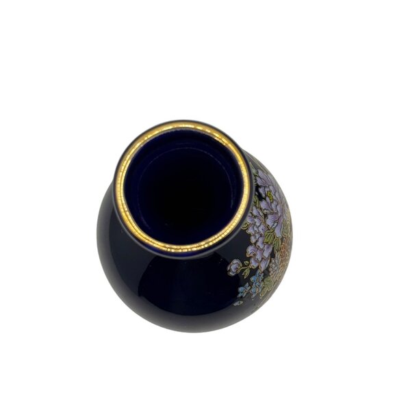 Kutani Blue Ceramic Vase With Hand-Painted Floral Design & Gold Rim - Picture 5 of 7